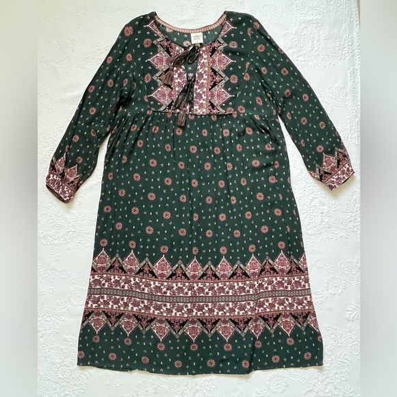 Knox Rose XL Boho Peasant Prairie Green Floral MIDI Dress Rayon - Picture 10 of 11